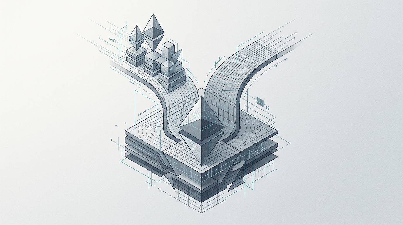 Abstract editorial illustration for: weETH Token Splits from Restaking Amid Ethereum Rewards Debate