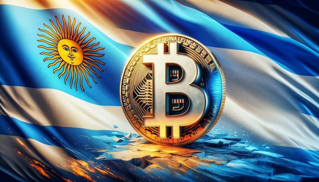 DALL·E-2023-12-21-14.24.12-Create-a-dynamic-hyperrealistic-landscape-cover-image-featuring-a-large-three-dimensional-Bitcoin-symbol-superimposed-on-the-Argentinian-flag.-The-f thecryptonewshub.com